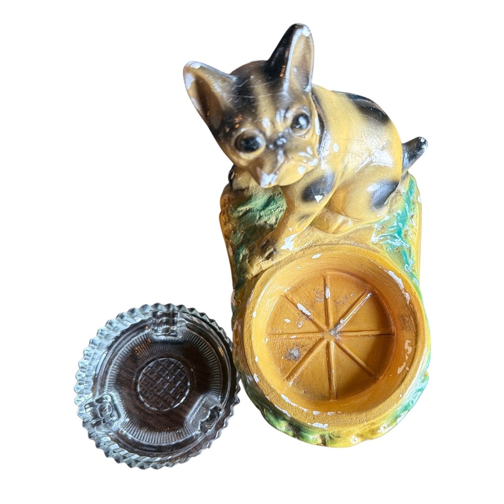 Vintage Chalkware Boston Terrier Dog Figurine with Glass Ashtray Mid Century